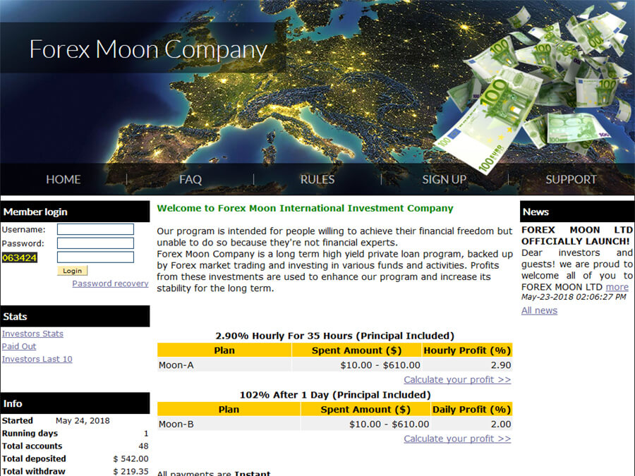 Forex Moon Company - почасовой HYIP со средней доходностью, заработок USD
