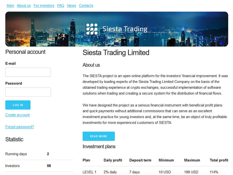 Siesta Trading Limited - долларовый хайп с доходом от 2% за день, от 10 USD