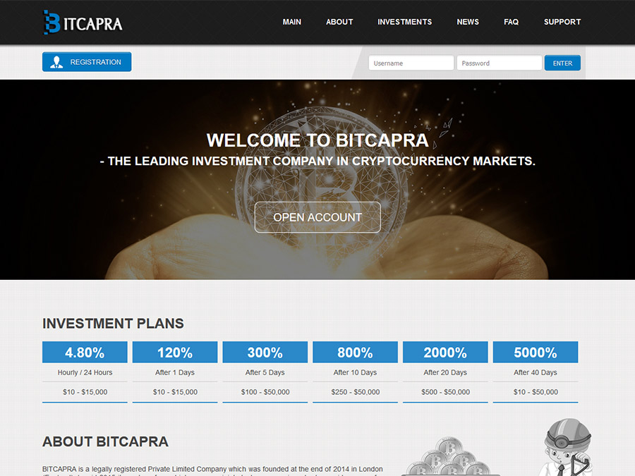 Bitcapra - сверхдоход с почасовым начислением от +4.3% в час на сутки, 10$