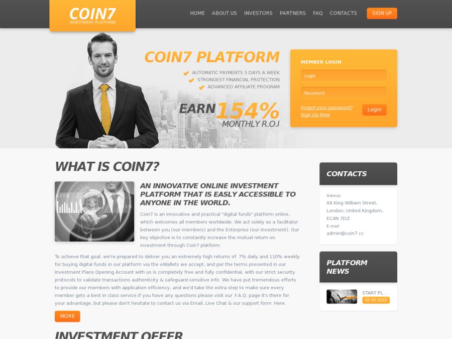 Coin7 - инвестиции в хайп проект с профитом от 10% за 7 дней, вход 10 USD