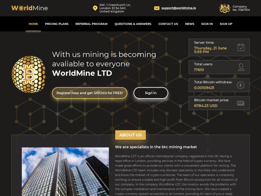 WorldMine - новый псевдомайнинг, старт 20 июня, +120 GHS бонус, 0.001 BTC