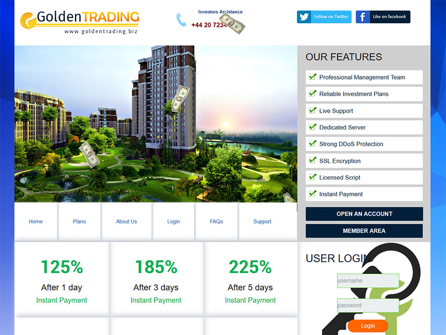 GoldenTrading - заработок со сверхдоходом от +5% в день, участие от 7 USD