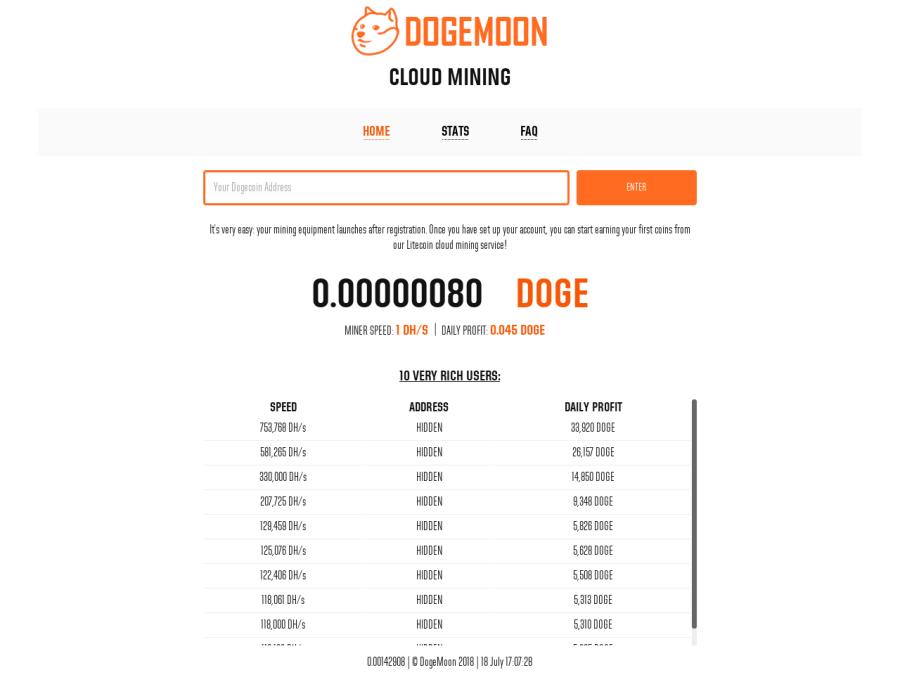 DogeMoon - псевдо майнинг Dogecoin с бонусом 1 DHS, депозит от 100 DOGE