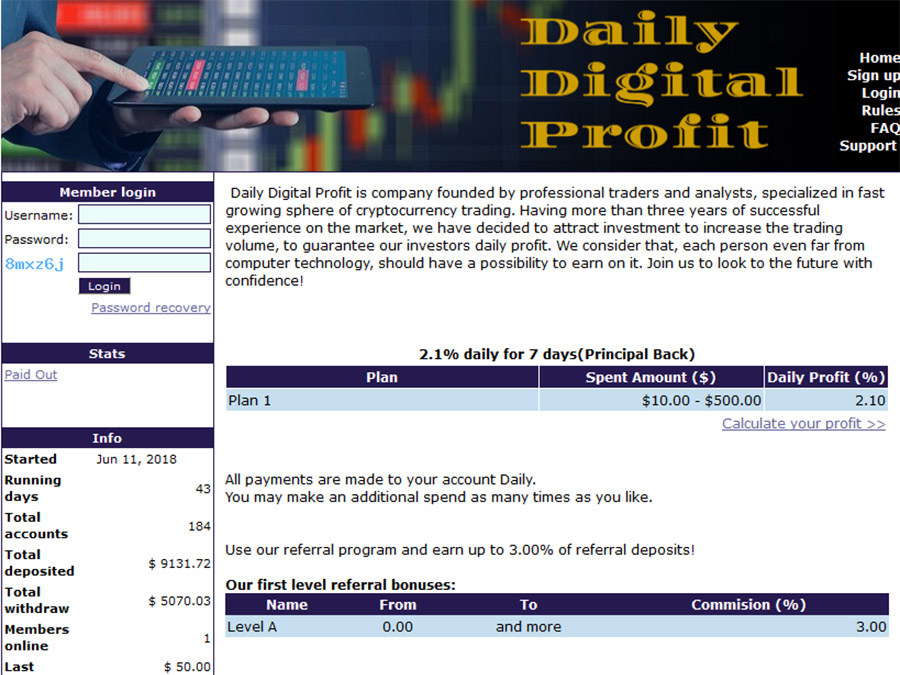 Daily Digital Profit - хайп с доходом 2.1% в день или 63% в месяц, депозит 10$