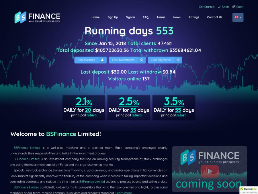 BSFinance Limited - долгосрочные инвестиции от 63% в месяц, депозит 9.85$