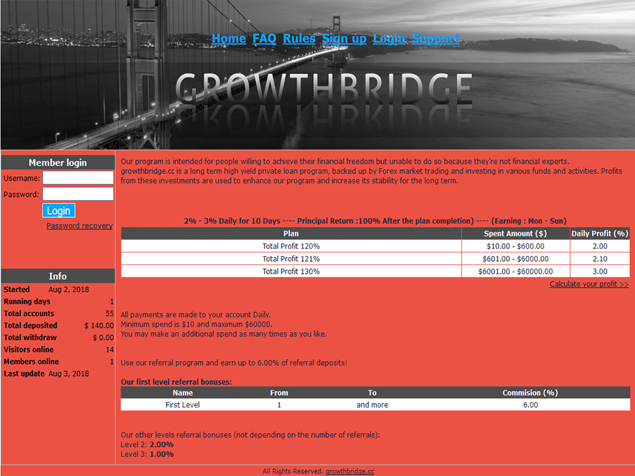 Growth Bridge - хайп без дизайна с доходом 2 - 3% в день на 10 суток, от 10$