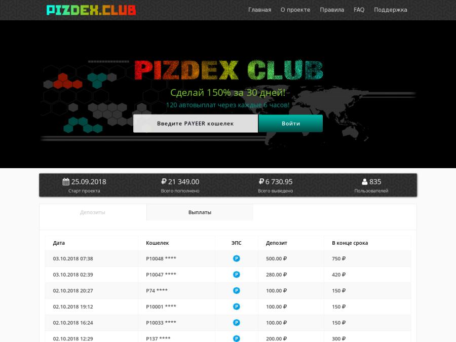 Pizdex Club - хайп-новинка, доход +1.25% каждые 6 часов на 1 месяц, 100 Р