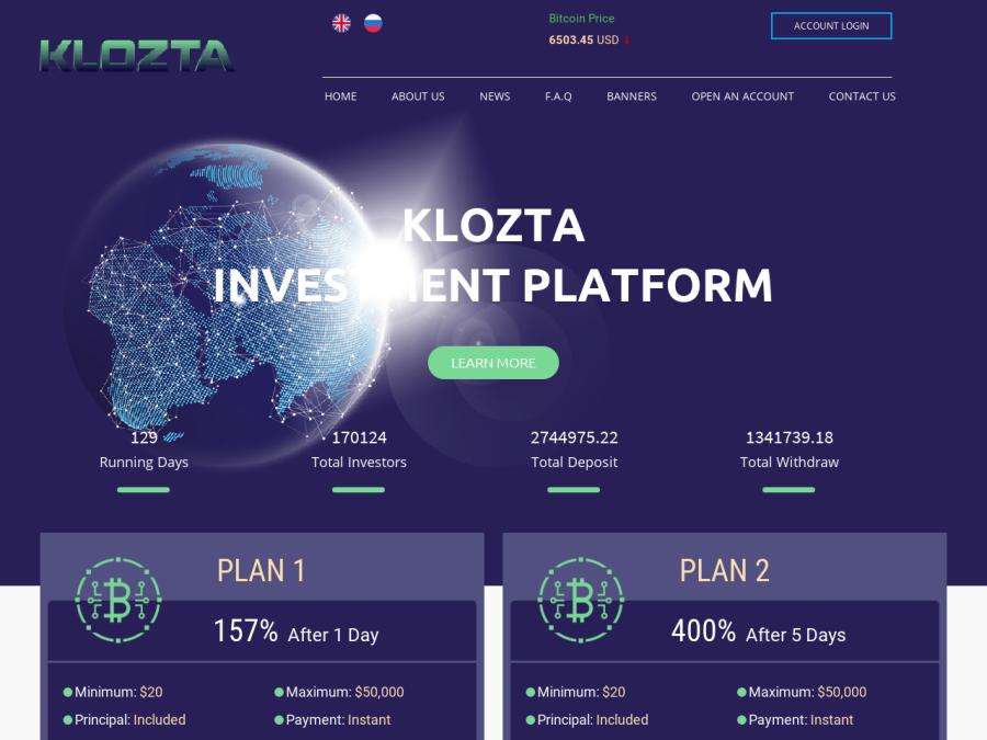 Klozta LTD - стабильный доход от +4% в день в хайп-инвестициях, депо 20$