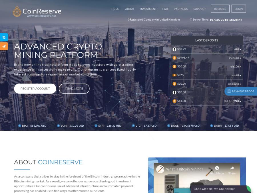 CoinReserve LTD - криптовалютные инвестиции от 10 USD под +0.15% в час