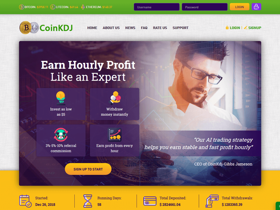 CoinKDJ LTD - почасовой средник с доходом от 1.17% на 90 часов, USD/Crypto