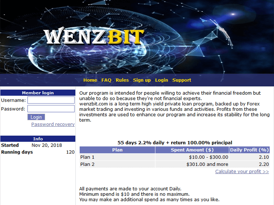 WenzBit - инвестиции в долларах от $10 с доходом +2.1% в день на 55 суток