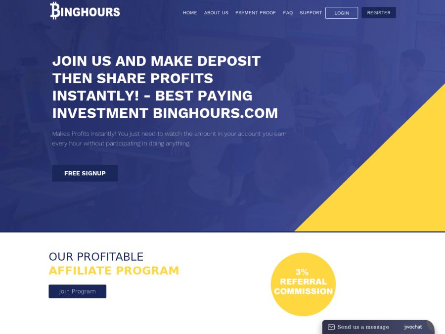 BingHours - HYIP-проект с почасовой выплатой от 1.09% на 96 часов, от 5 USD