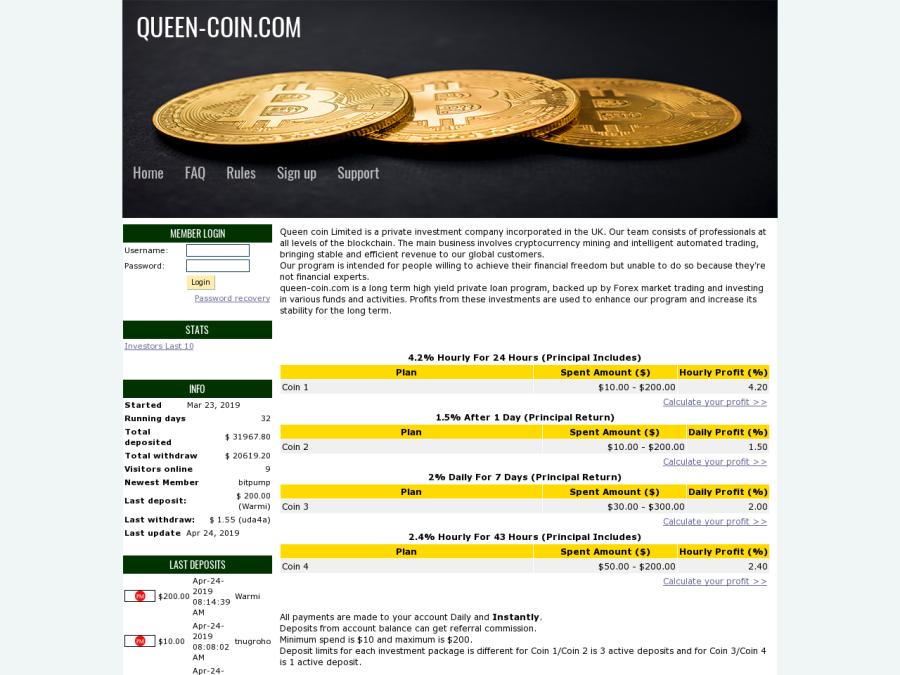 Queen Coin Limited - почасовой хайп без дизайна от 4.2% почасово на 24 часа