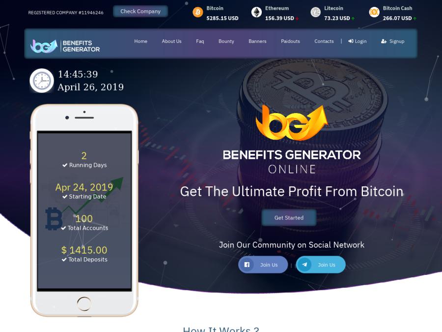 Benefits Generator Online LTD - USD/Crypto хайп с доходом от 1.5% в день, $10