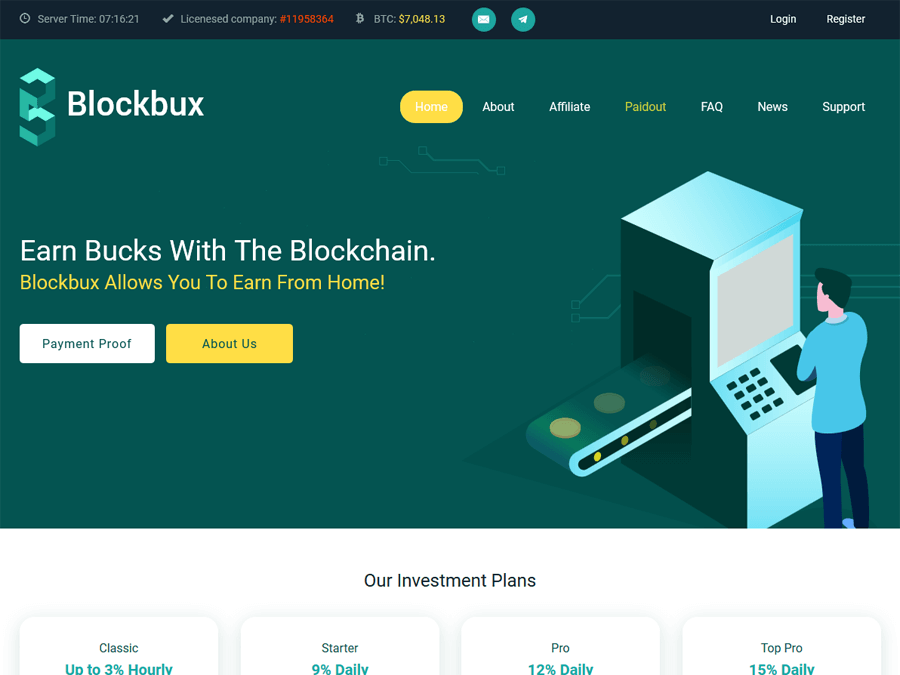 Blockbux - доход 0.08% - 3% в час навсегда / 9% - 15% в день на 15 суток, $1