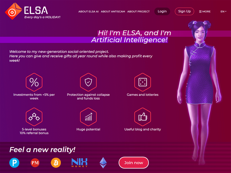 ELSA - искусственный интеллект с доходом от +5% в неделю, USD / Crypto