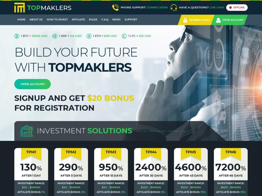 Top Maklers - заработок онлайн Bitcoin и Ripple от +3% в день, участие от $20