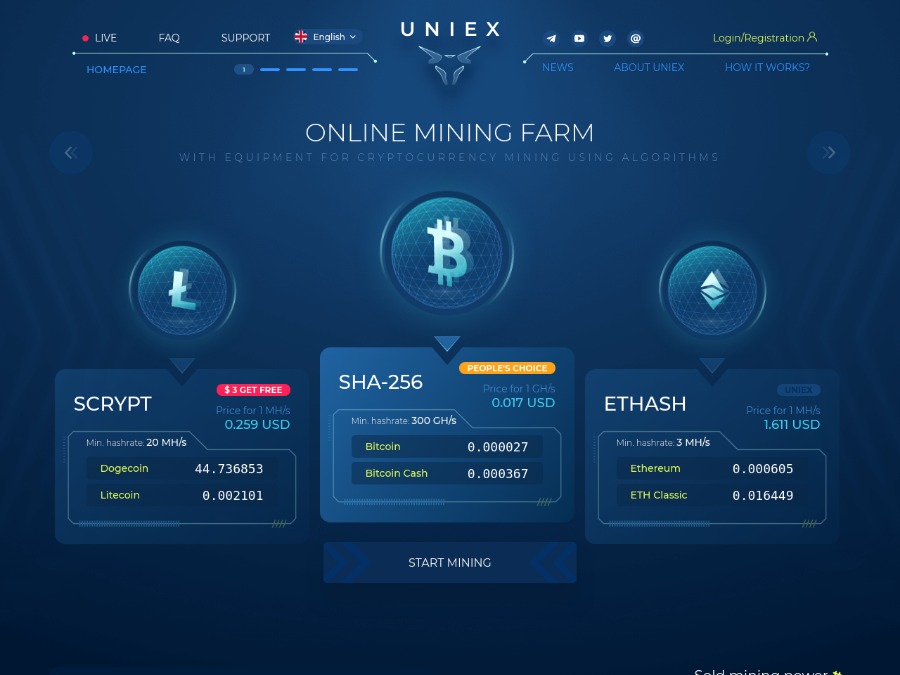Uniex Company - среднедоходный Crypto-псевдомайнинг с бонусом 30 GH/s