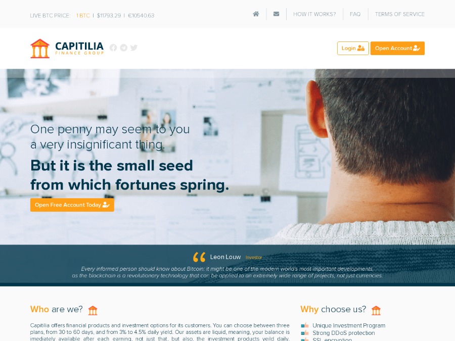Capitilia Finance Group - платящий хайп с доходом от 1.1% в день, депо $20