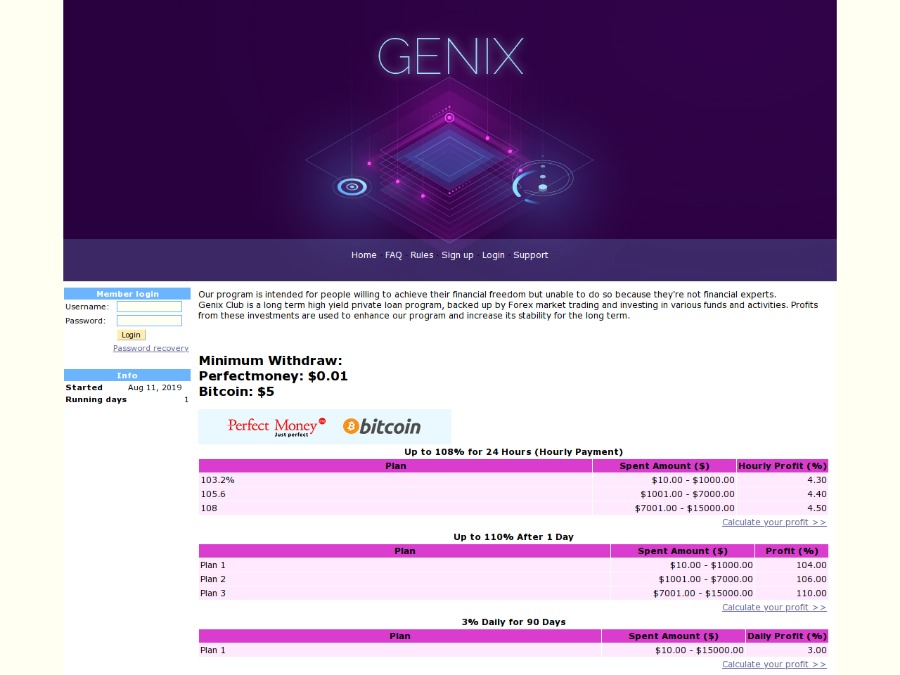 Genix Club - USD/BTC инвестиции в хайп, доход от +4.3% почасово на 24 часа