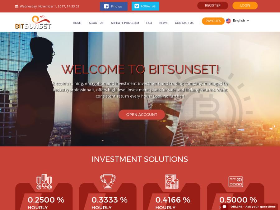 BitSunset - 4 инвестиционных тарифа с выплатами от 0.0005 Биткойнов (BTC)