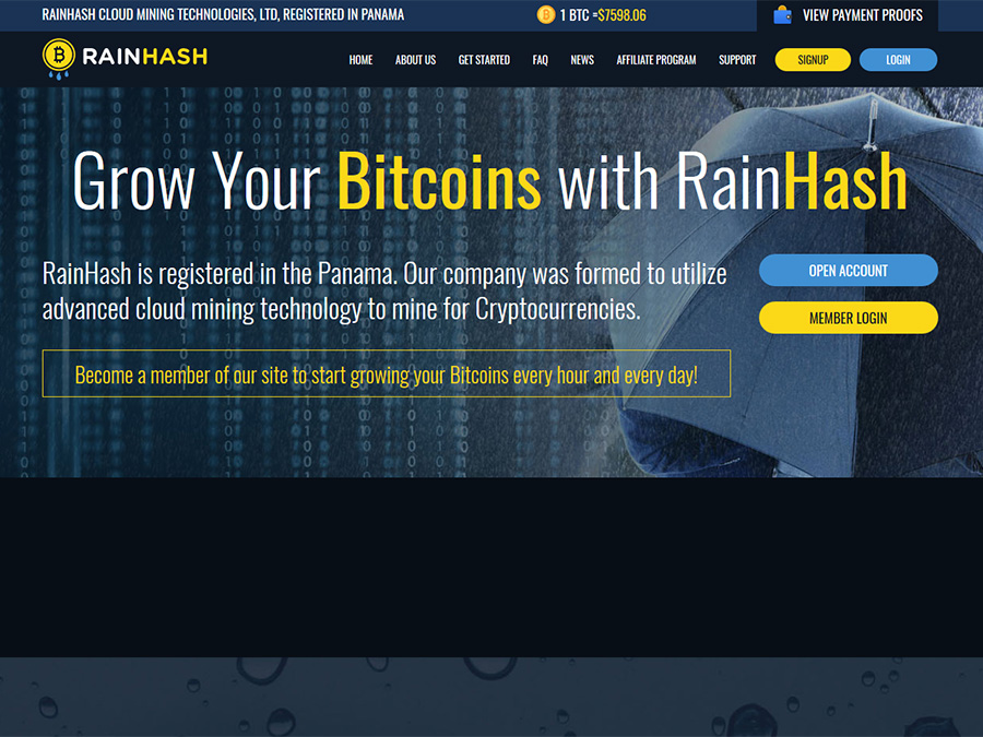 RainHash - от 12 до 25% за сутки бессрочно, выплаты в криптовалюте Bitcoin