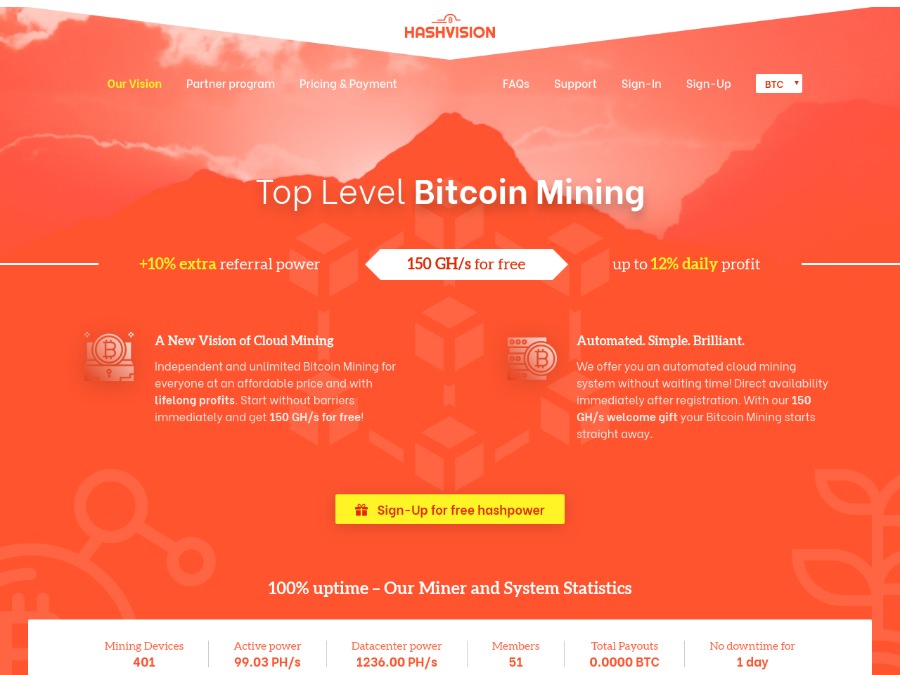 HashVision - новый псевдо майнинг Bitcoin с доходом от 0.36% в час навсегда