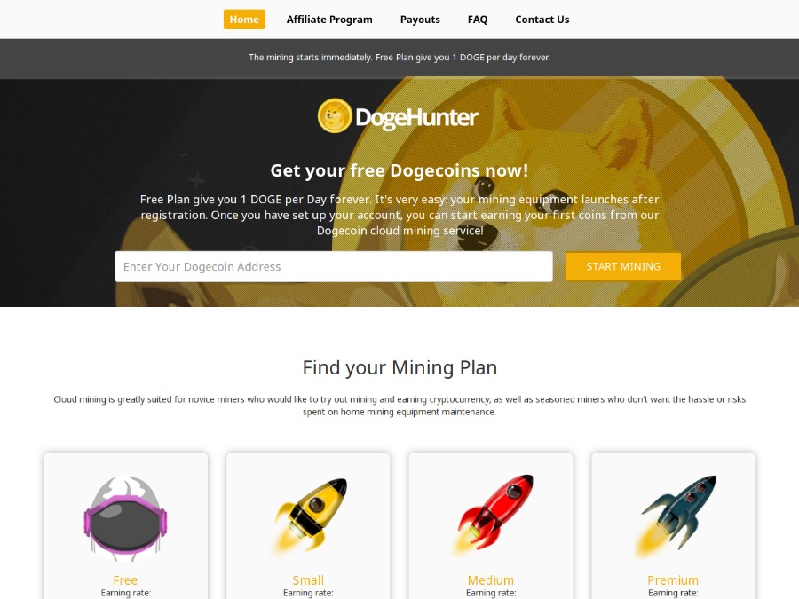 DogeHunter - свежий облачный майнинг DogeCoin с бонусом +1 DOGE в день