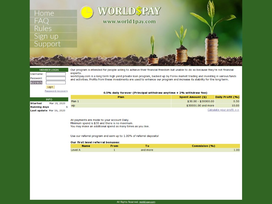 World1Pay - партизанская копилка: 0.5% в день с выводом депозита под -2%