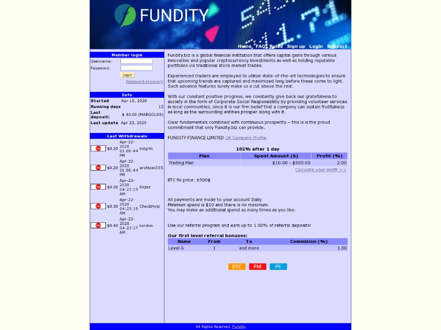 Fundity Finance - новый партизанский хайп: 102% после 1 дня, вход от 10 USD