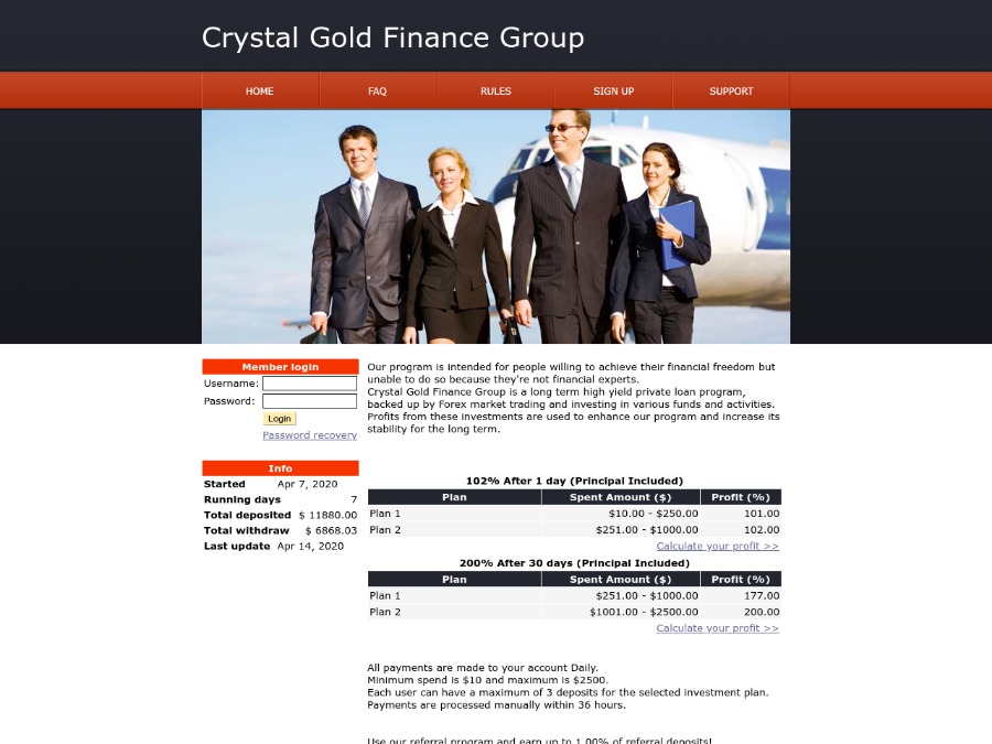 Crystal Gold Finance Group - свежий платящий партизан: 1% после 1 дня, $10