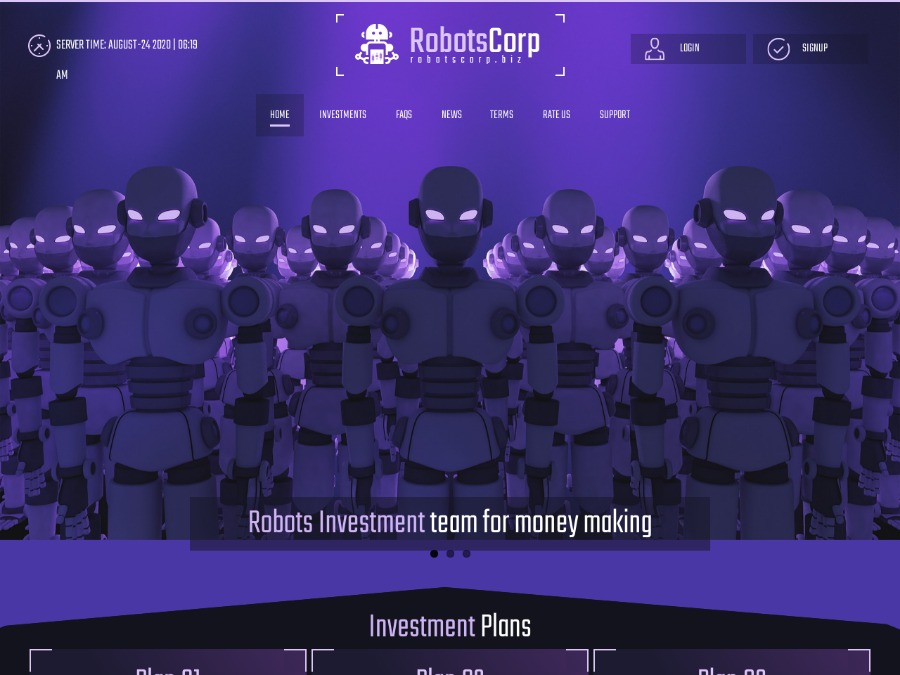 RobotsCorp - почасовые начисления, планы от 0.3% в час на 21 день, от $ 25