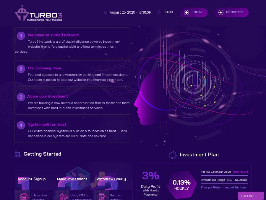 Turbo3 Network - 0.13% ежечасно на 960 часов, депозит в конце, от 20 USD