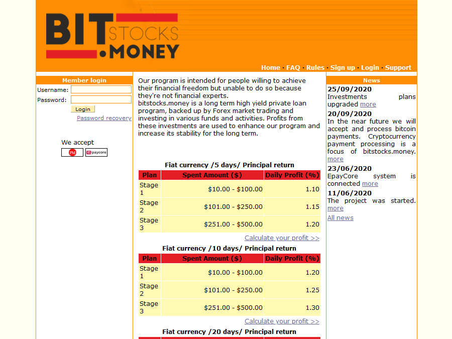 BitStocks Money - 1.1 - 1.4% сроком на 5 - 10 - 20 дней, хайп-партизан, от $10