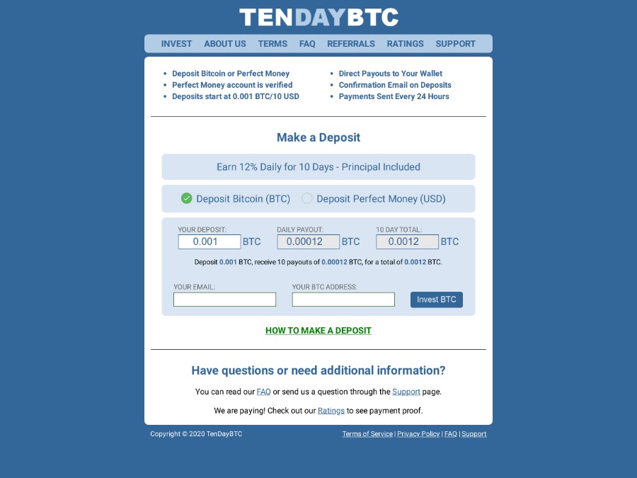 Tenday BTC - проект с автовыплатами, доход 12% в сутки на 10 дней, от $10
