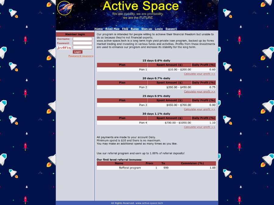 ActiveSpace - 0.6% в сутки на 15 дней, тело вклада вернут, PM: 10 - 200 USD