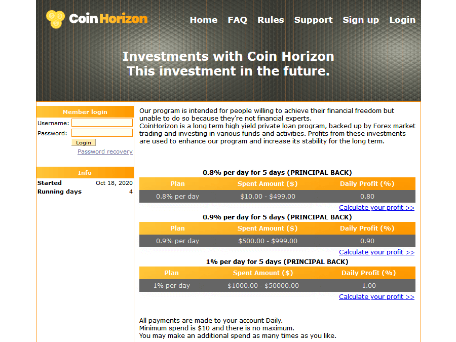 CoinHorizon - псевдо-партизан: 0.8 - 1.0% в сутки на 5 дней, инстант, от $10