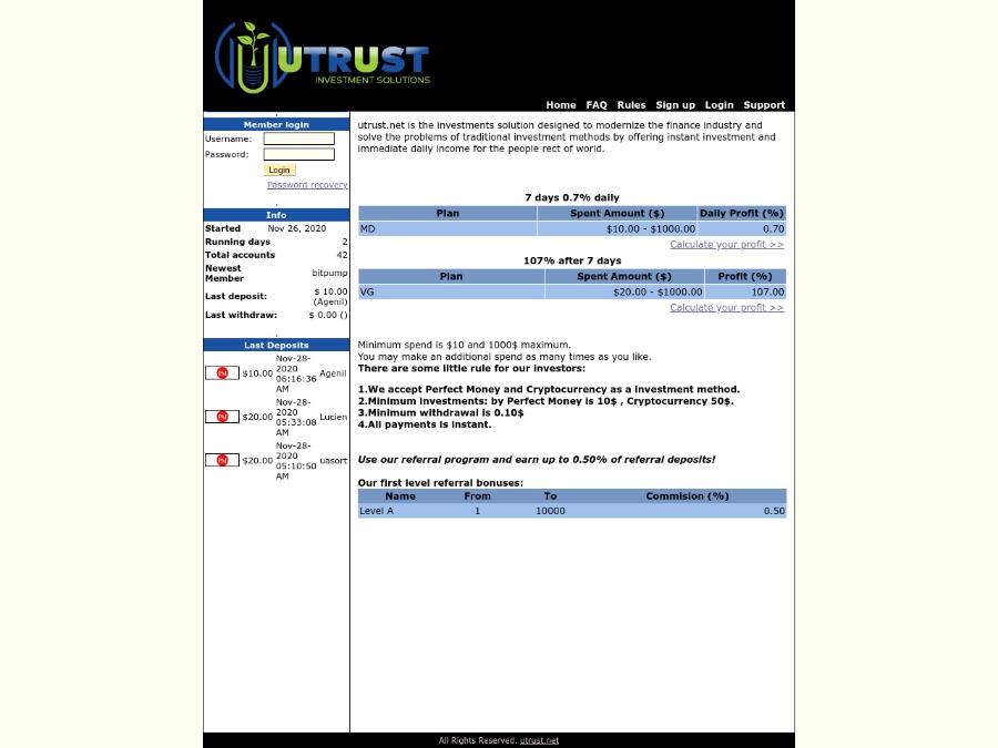 UTrust - свежий партизан: 0.7% на 7 дней / 107% после 7 дней, депозит $10