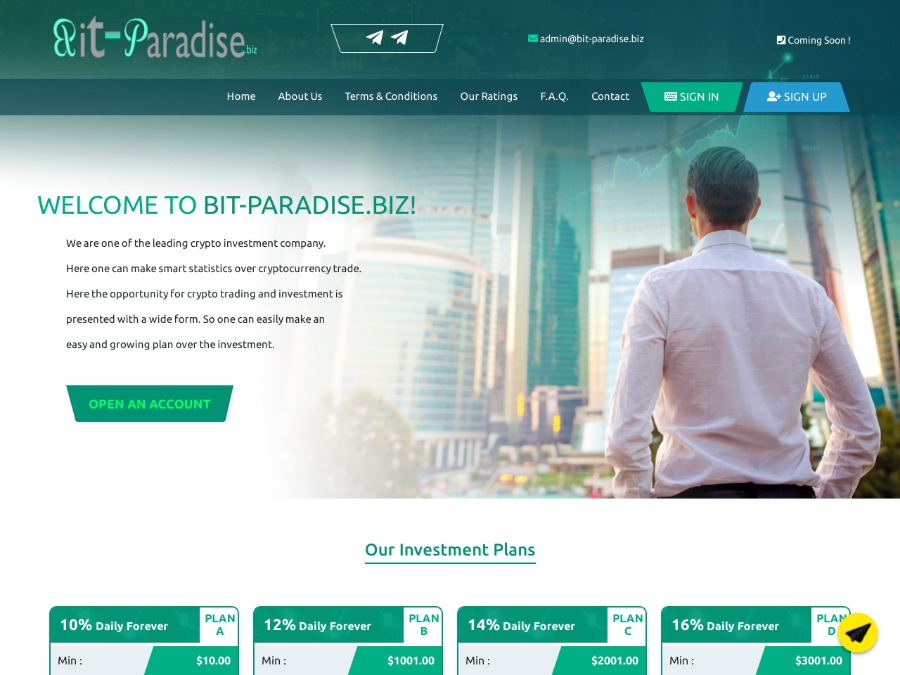 Bit Paradise - профит 10% - 25% в день навсегда, от 10 USD, +Страховка $300