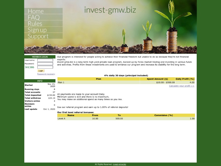 Invest-GMW - партизанский сайт: 4% на 30 дней (+20%), депозит включен, $10