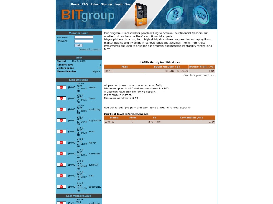 BITgroup Ltd - почасовой партизан: 1.05% на 100 часов, лимит: $10 - $100 PM