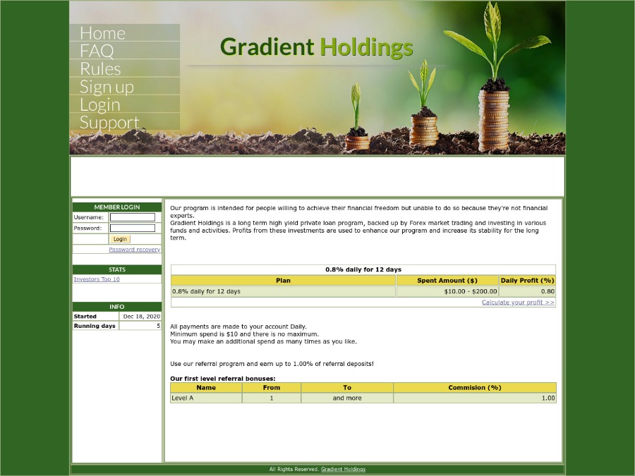 Gradient Holdings - пассив: +0.8% на 12 суток, возврат тела вклада, от 10 USD