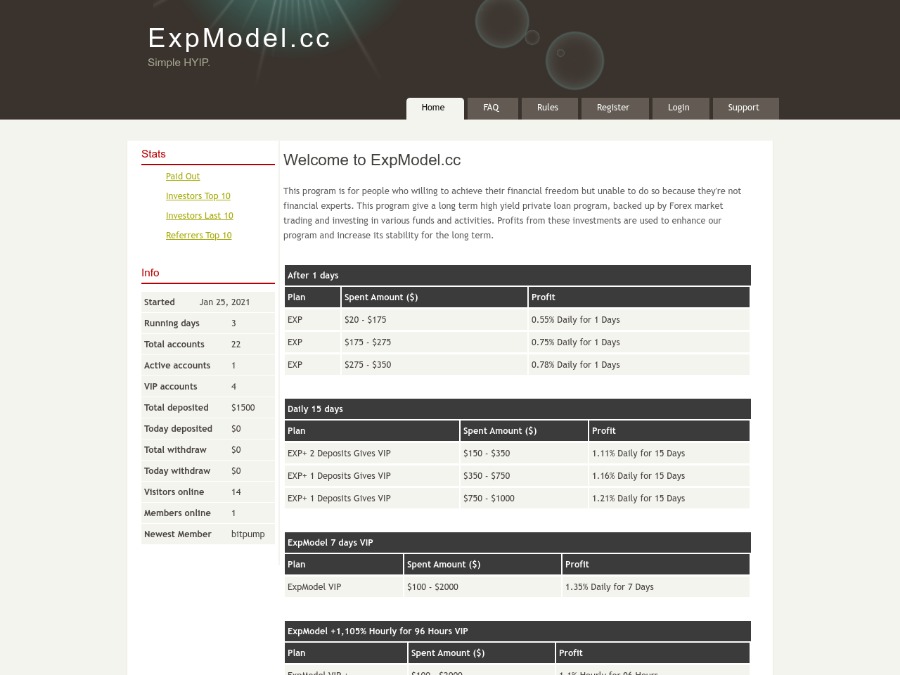 ExpModel - новый хайп-партизан с рабочими тарифами от 0.55% за 1 день