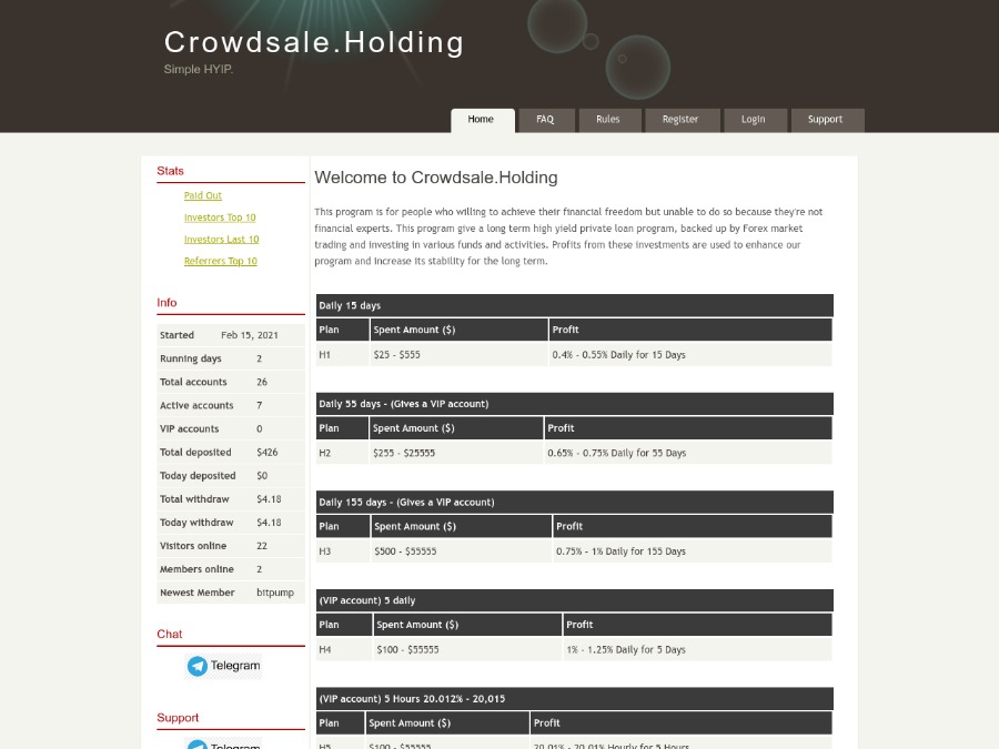 Crowdsale - хайп-партизан с доходом: 0.4 - 0.55 в сутки на 15 дней, от 25 USD