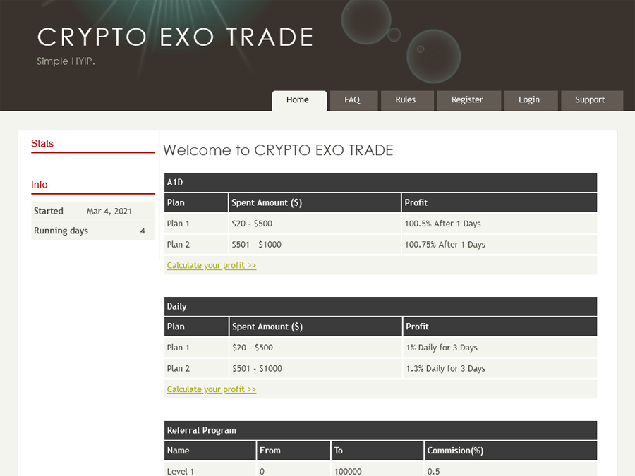 Crypto Exo Trade - парт-хайп: 0.5% после 1 дня / 1% в день на 3 суток, от $20