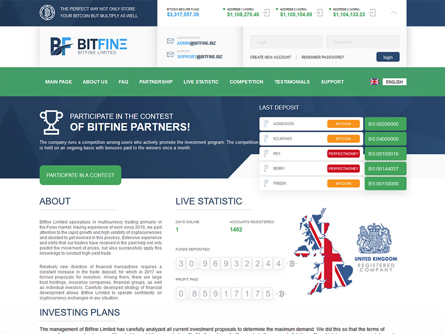 Bitfine Limited - сайт для заработка биткоинов с доходностью 10-25%