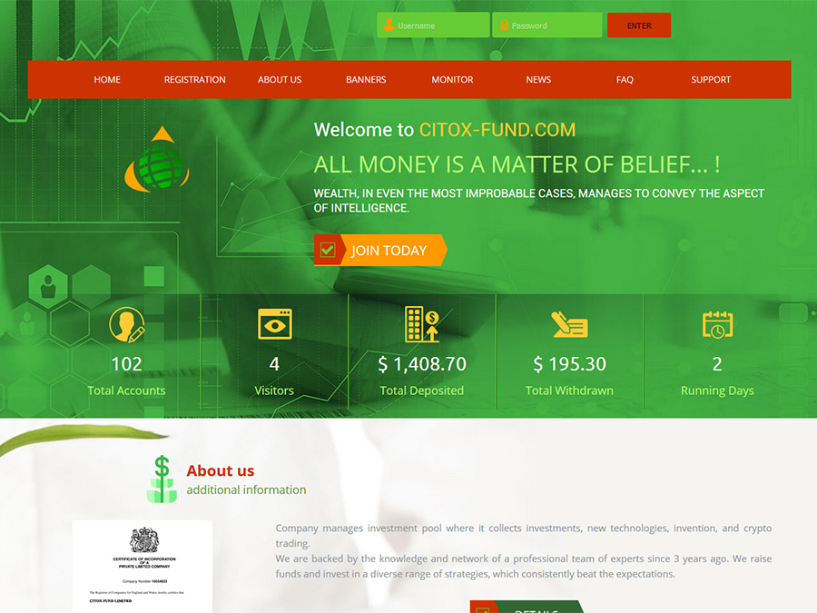 Citox-Fund - финансовые услуги по инвестированию Bitcoin, USD от 20%/сутки