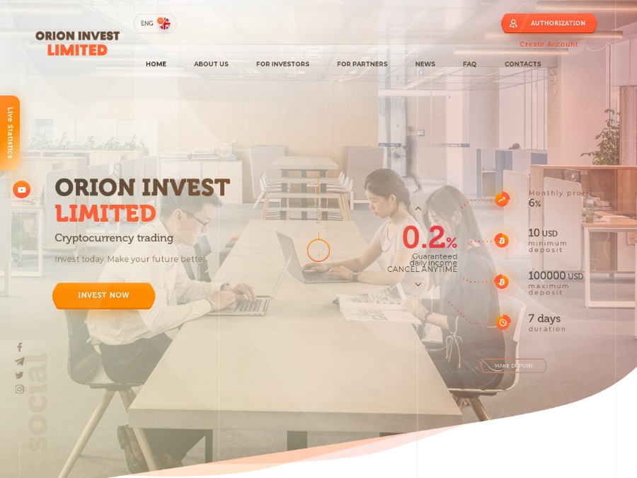 OrionInvest Ltd - низкодоход: 0.20 - 0.35 - 0.60% в день на 7 - 21 день, от $10