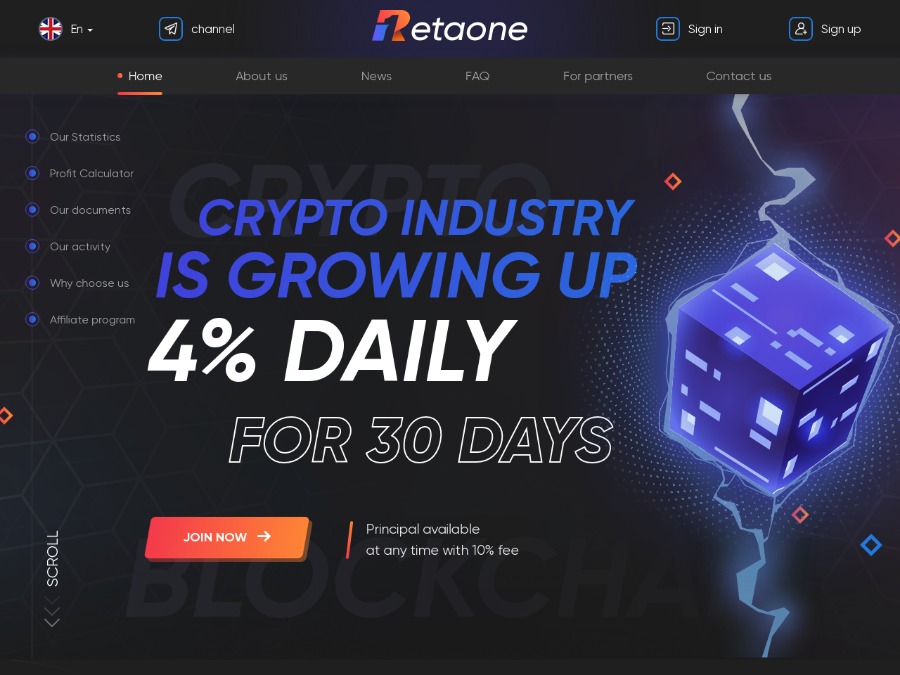 RetaOne - копилка с начислениями 4% в сутки на 30 дней, от $10, +Страховка