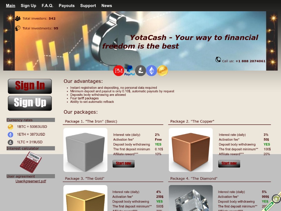 YotaCash - бессрочные тарифы от +2% до +5% каждый день, вход от 0.1 USD